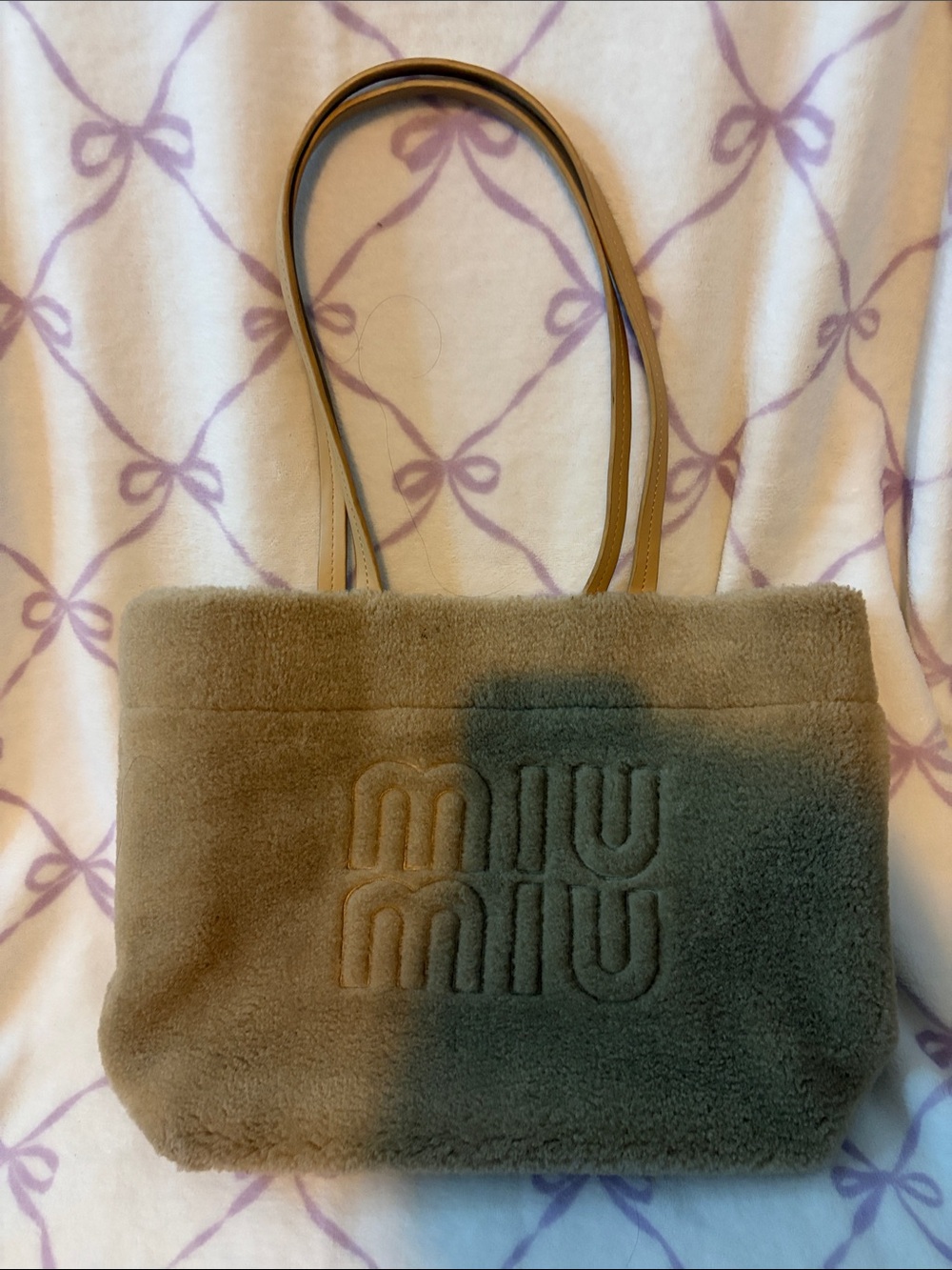 designer  Taupe Shearling Tote with Leather Straps